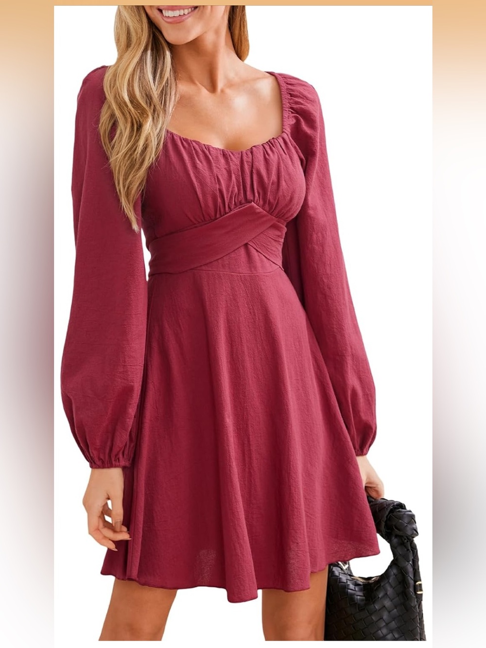 Cupshe Burgandy Long Sleeve Fit & Flare Dress